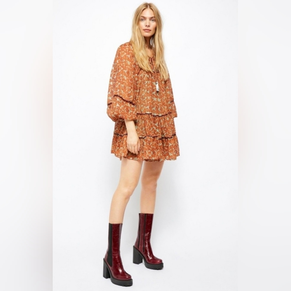 Free people Tiered Babydool Ballon Puff Orange Sheer Mini Dress Size - Picture 2 of 15